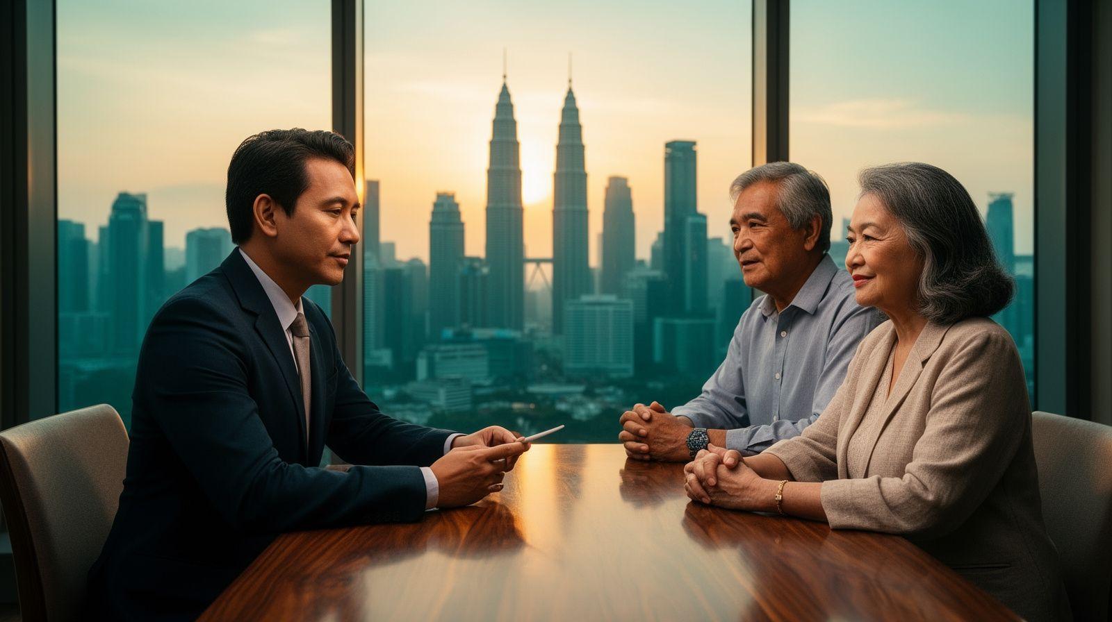 Financial advisor consulting a couple with the Kuala Lumpur skyline behind them