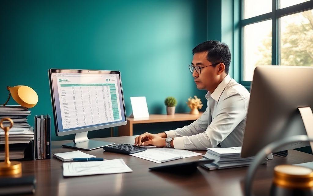 Tax consultant working through organised filing documents
